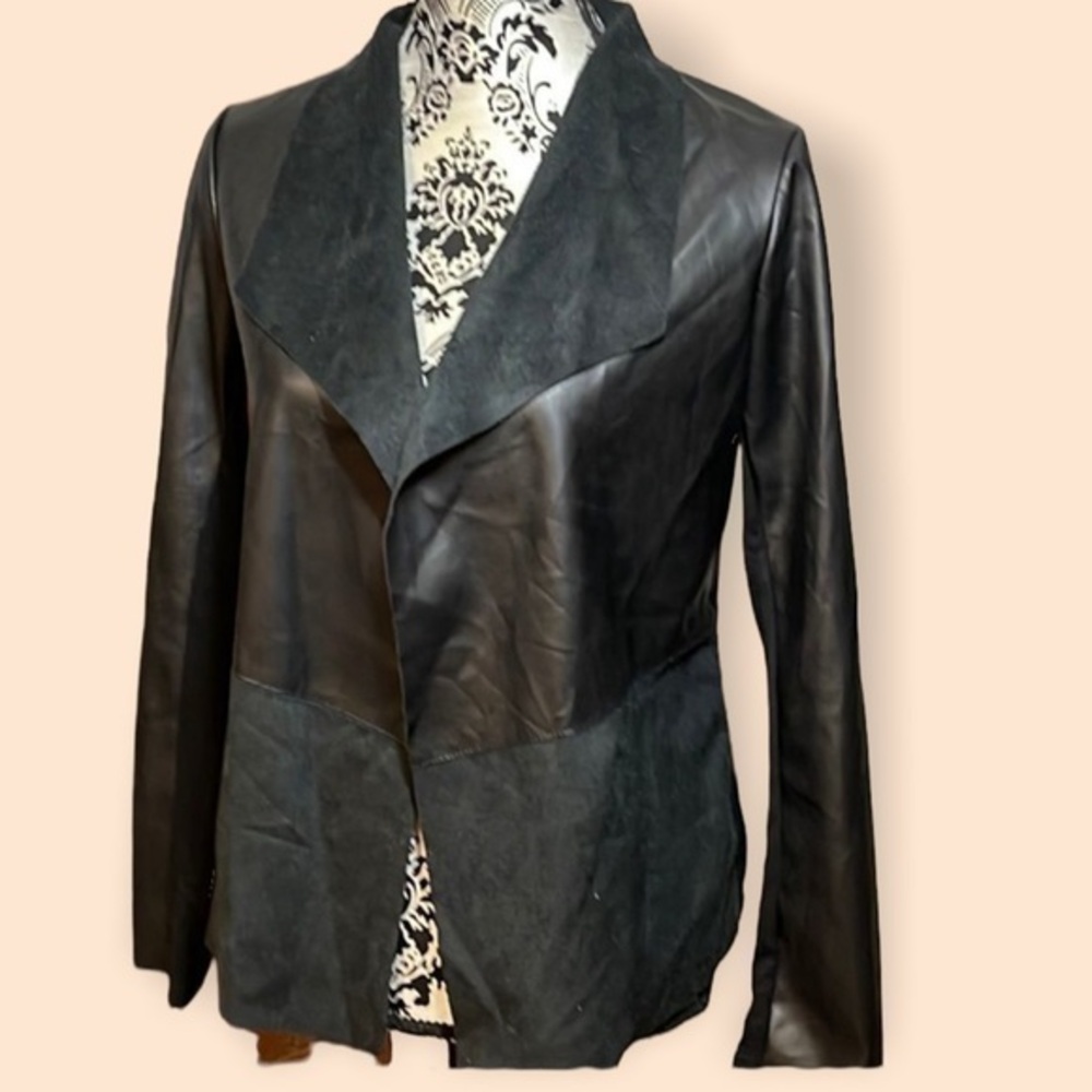 ALFANI Womens Black Faux Leather Faux Suede Shaw Collar Jacket XSmall